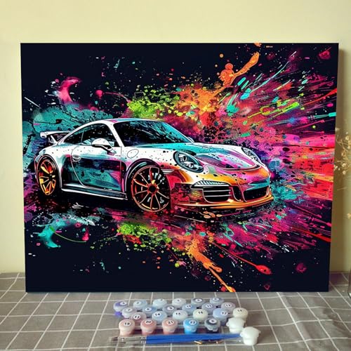Aihonmin Racing Car Paint by Numbers Kits for Adults Beginners,Car Lovers Digital Oil Painting Kits on Canvas Painting Graffiti Car Set DIY Gift Suitable for Home Wall Decor Frameless 16''W x 20''H - Image 1
