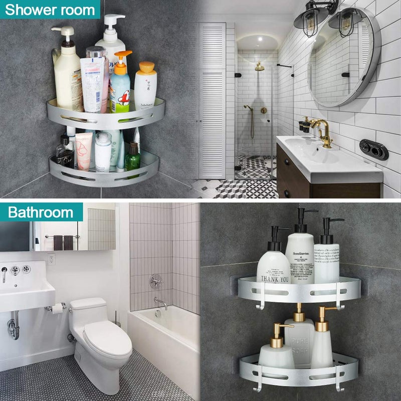 Hoomtaook Corner Caddy Bathroom Shower Shelf Wall Mounted No Drilling 2 Tier Storage Shelves Adhesive Triangle Baskets Silver Bathroom Kitchen Storage Basket - Image 3