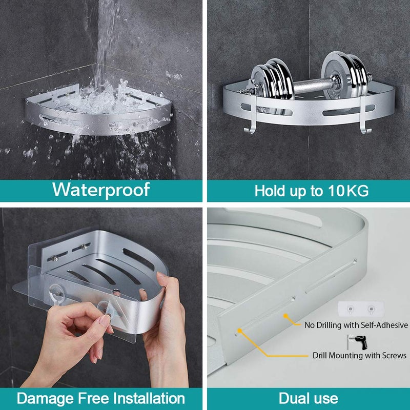Hoomtaook Corner Caddy Bathroom Shower Shelf Wall Mounted No Drilling 2 Tier Storage Shelves Adhesive Triangle Baskets Silver Bathroom Kitchen Storage Basket - Image 2