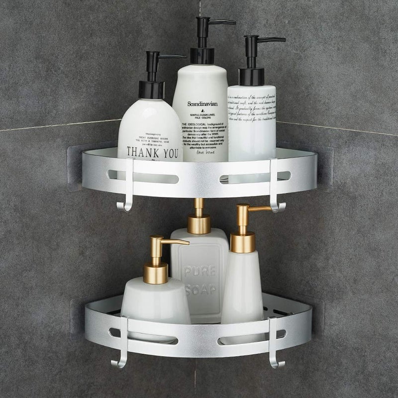 Hoomtaook Corner Caddy Bathroom Shower Shelf Wall Mounted No Drilling 2 Tier Storage Shelves Adhesive Triangle Baskets Silver Bathroom Kitchen Storage Basket - Image 1