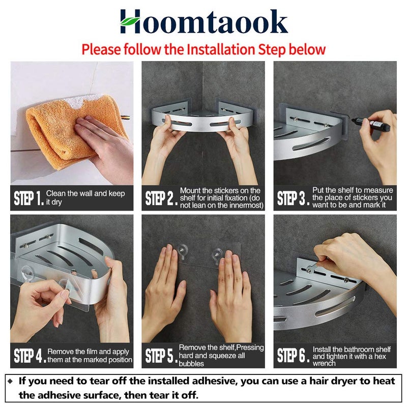 Hoomtaook Corner Caddy Bathroom Shower Shelf Wall Mounted No Drilling 2 Tier Storage Shelves Adhesive Triangle Baskets Silver Bathroom Kitchen Storage Basket - Image 4