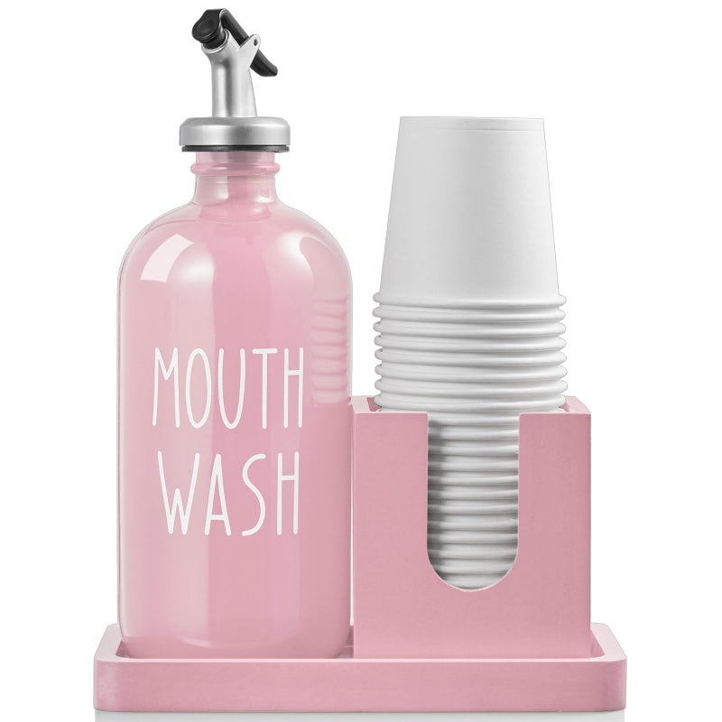Glass Mouthwash Dispenser for Bathroom 16 OZ Mouthwash Dispenser with Pour Spout and Wood Cup Holder and Tray Mouth Wash Bottle Container Farmhouse Kitchen Bathroom Decor and Accessories Pink