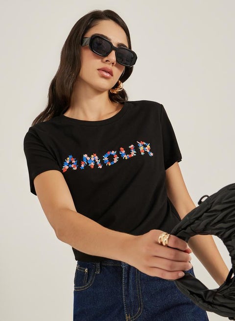 Embroidered Slogan Round Neck T-Shirt