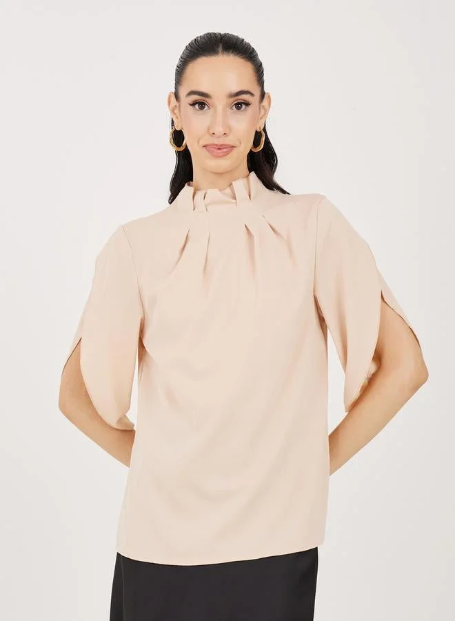 Take Two Pleated High Neck Blouse with Tulip Sleeves