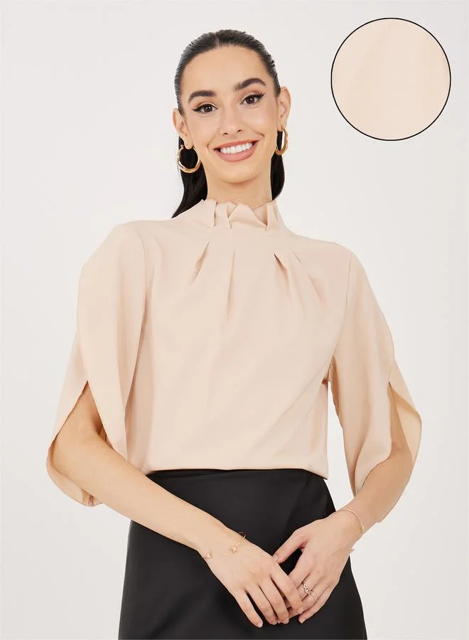 Take Two Pleated High Neck Blouse with Tulip Sleeves