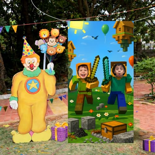 IndoTribe Video Game Birthday Decorations Face in The Hole Backdrop for Photos 6x3ft Face Cutout Photo Booth Props for Miner Gamer Birthday Party Decorations Door Prop Photo Booth Fabric Backdrop - Image 4