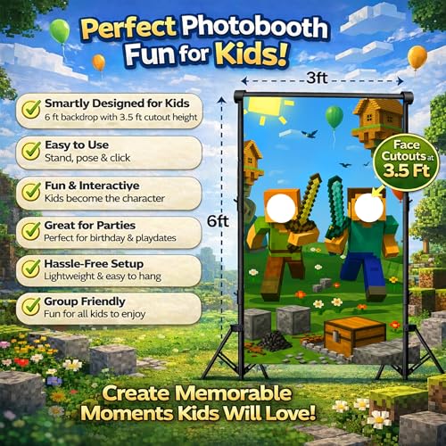 IndoTribe Video Game Birthday Decorations Face in The Hole Backdrop for Photos 6x3ft Face Cutout Photo Booth Props for Miner Gamer Birthday Party Decorations Door Prop Photo Booth Fabric Backdrop - Image 3