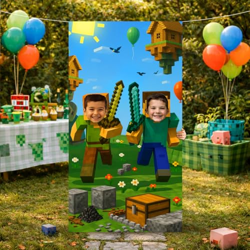 IndoTribe Video Game Birthday Decorations Face in The Hole Backdrop for Photos 6x3ft Face Cutout Photo Booth Props for Miner Gamer Birthday Party Decorations Door Prop Photo Booth Fabric Backdrop - Image 2