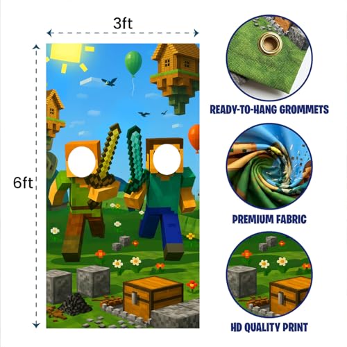 IndoTribe Video Game Birthday Decorations Face in The Hole Backdrop for Photos 6x3ft Face Cutout Photo Booth Props for Miner Gamer Birthday Party Decorations Door Prop Photo Booth Fabric Backdrop - Image 5