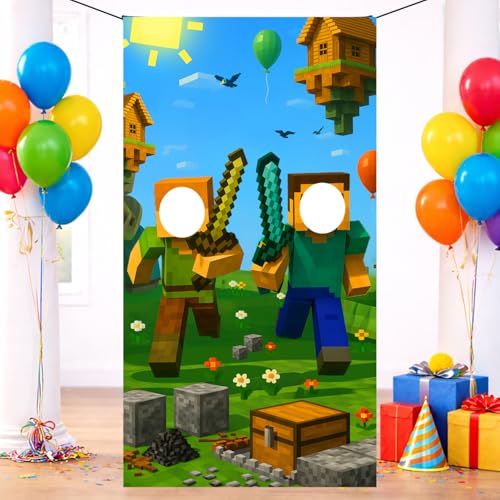 IndoTribe Video Game Birthday Decorations Face in The Hole Backdrop for Photos 6x3ft Face Cutout Photo Booth Props for Miner Gamer Birthday Party Decorations Door Prop Photo Booth Fabric Backdrop - Image 1