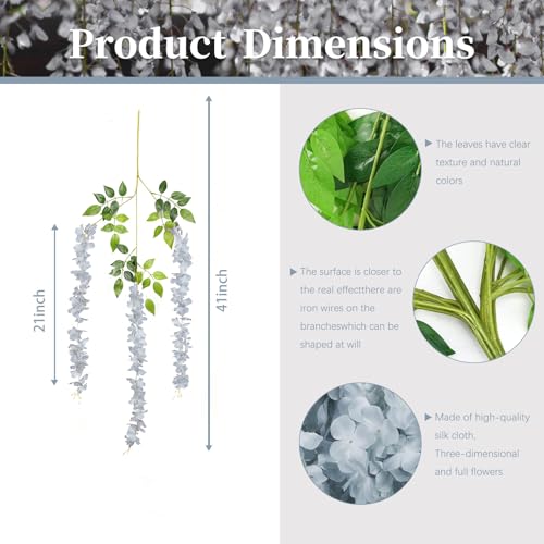 ZEBMOON 24 Pack Grey Wisteria Hanging Flowers, 3.4 Ft Fake Hanging Flowers, Artificial Wisteria Garland Vines for Wedding Room Backdrop Outdoor Patio Garden Decoration - Image 3