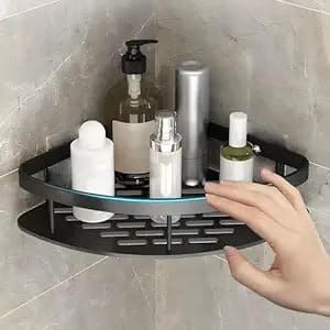 LAKHESHWAR Bathroom Corner Bathroom Aluminum Corner Rack Corner Storage Washroom Organizer Shower Caddy Organizer for Kitchen Space Aluminum Metal Frame (Black, Bathroom Corner_Half Round black-1pcs) - Image 1