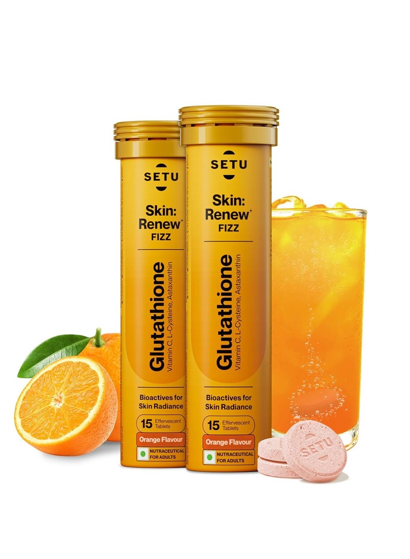 SETU skin renew glutathione tablets for glowing skin 30 effervescent tablets with 500mg l glutathione and vitamin c antioxidant and skin glow supplement orange pack of 2  15 capsules  - Image 1
