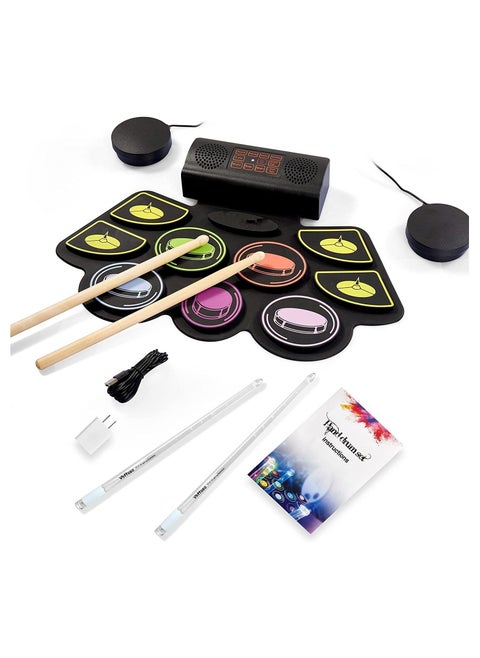 9 Pads Electronic Drum Set with Light Up Drumsticks, Roll Up Drum Practice Pad Midi Drum Kit, Built-in Speaker, with Drum Pedals,10 Hours Playtime, Great Holiday Birthday Gift for Kids
