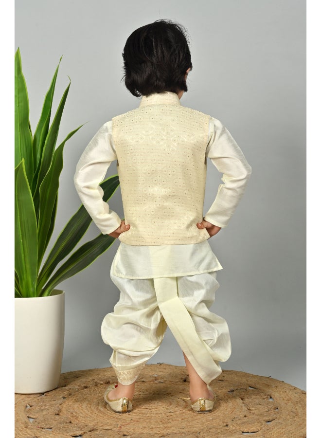 BT DEZINES طقم كورتا ودوتي للأولاد باللون الكريمي مع سترة - Image 2