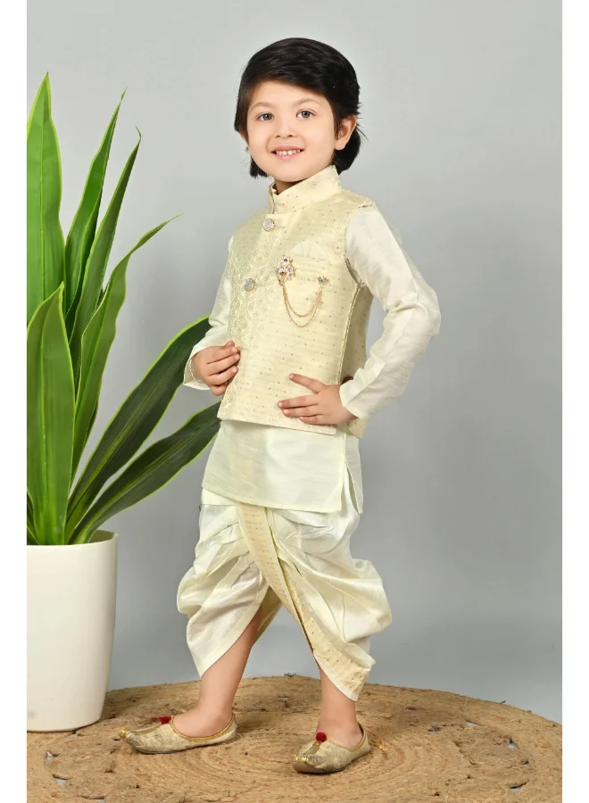 BT DEZINES Boys Cream Kurta Dhoti Set with Waistcoat