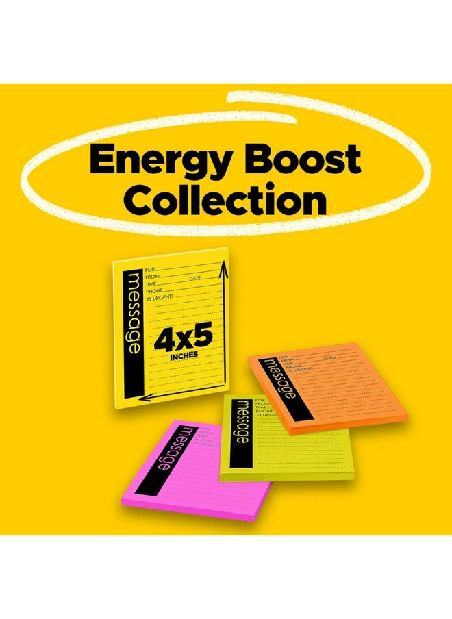 Super Sticky Lined Notes, Telephone Message, 4 Sticky Note Pads, 4 X 5 In., School Supplies For Students, Ideal For Textbooks, Notebooks, Walls And Vertical Surfaces, Energy Boost Collection