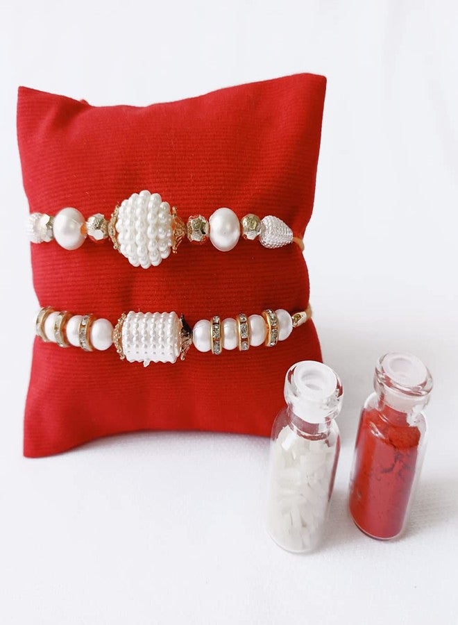 TreasureBox Handcrafted Traditional Raksha Bandhan Rakhi for Brother 2 Pcs Set (2 Rakhi & Roli Tika Set in Velvet Pouch Packing) (Pair 4) - Image 3