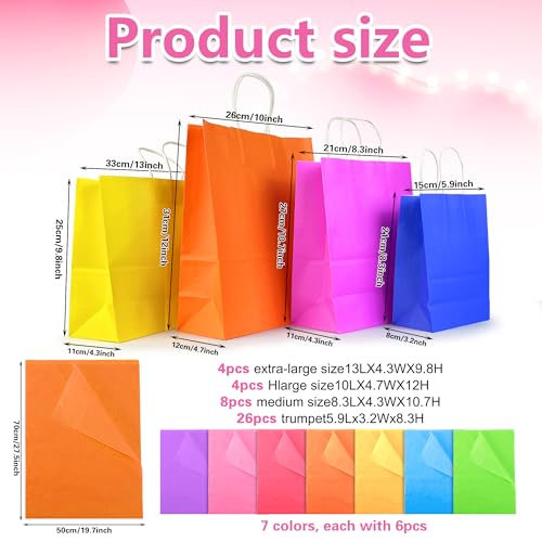 KEEPARTY 84 PCS Assorted Sizes Gift Bags with Handles 42 Gift Bags 4 Sizes 20 Colors 42 Tissue Papers 6 Color for Birthday Bridal Shower Christmas Party - Image 3