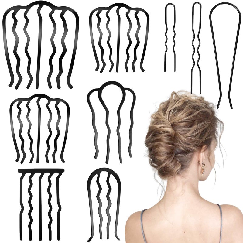 YOLLVKOT 9 Pieces Hair Side Combs, Metal Hair Fork Clip French Twist Comb for Updo Bun, Teeth Hair Pins U-Shape Hair Sticks for Women Hair Styling Tool Accessories (Black) - Image 1