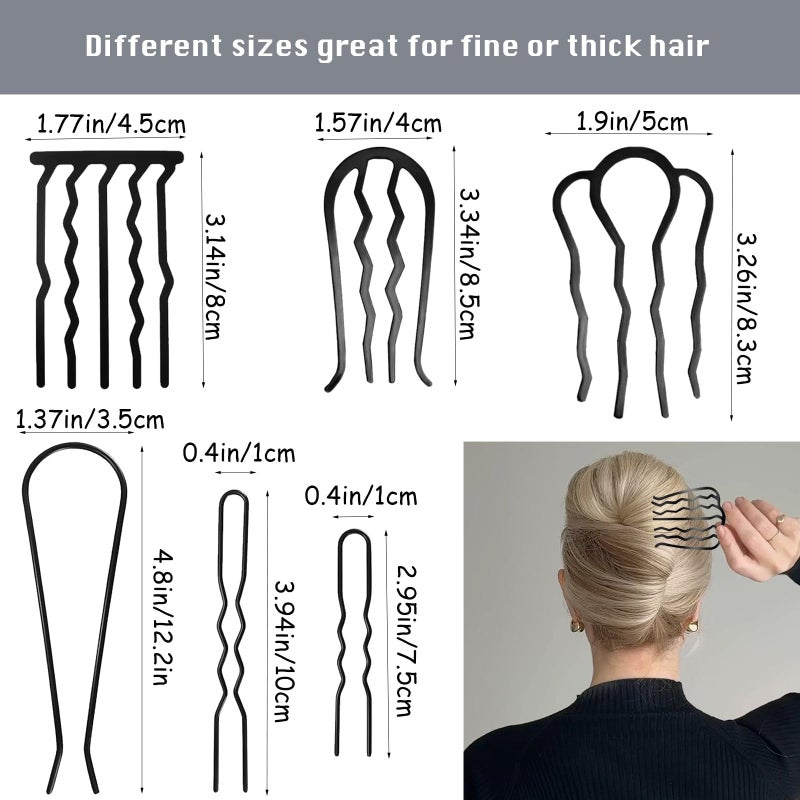 YOLLVKOT 9 Pieces Hair Side Combs, Metal Hair Fork Clip French Twist Comb for Updo Bun, Teeth Hair Pins U-Shape Hair Sticks for Women Hair Styling Tool Accessories (Black) - Image 3