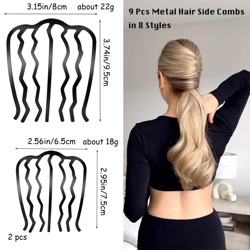 YOLLVKOT 9 Pieces Hair Side Combs, Metal Hair Fork Clip French Twist Comb for Updo Bun, Teeth Hair Pins U-Shape Hair Sticks for Women Hair Styling Tool Accessories (Black) - Image 2