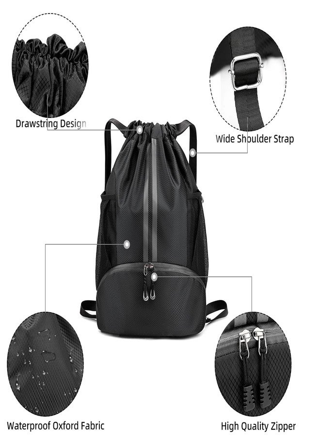 Valleycomfy Sports Drawstring Backpack - Water Resistant String Bag with Side Mesh Pockets Shoe Compartment Gym Backpack for Women & Men Black - Image 4