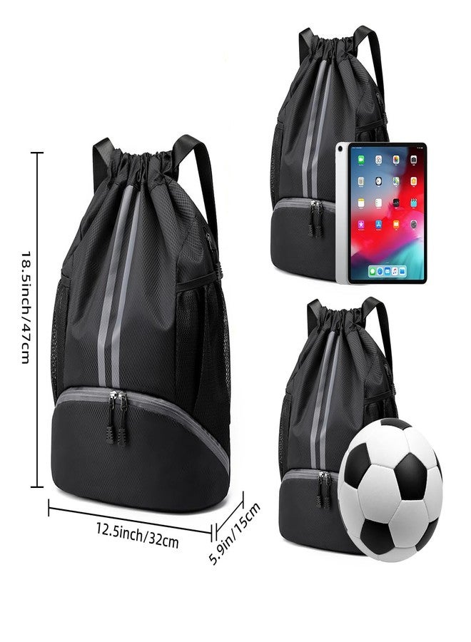 Valleycomfy Sports Drawstring Backpack - Water Resistant String Bag with Side Mesh Pockets Shoe Compartment Gym Backpack for Women & Men Black - Image 3
