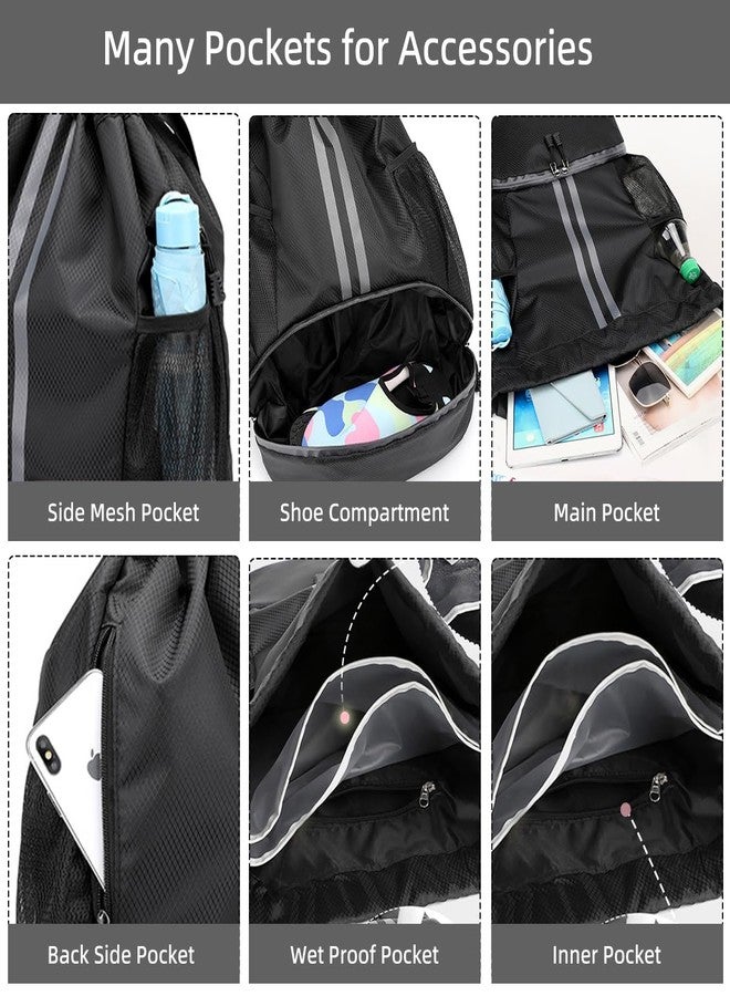 Valleycomfy Sports Drawstring Backpack - Water Resistant String Bag with Side Mesh Pockets Shoe Compartment Gym Backpack for Women & Men Black - Image 5