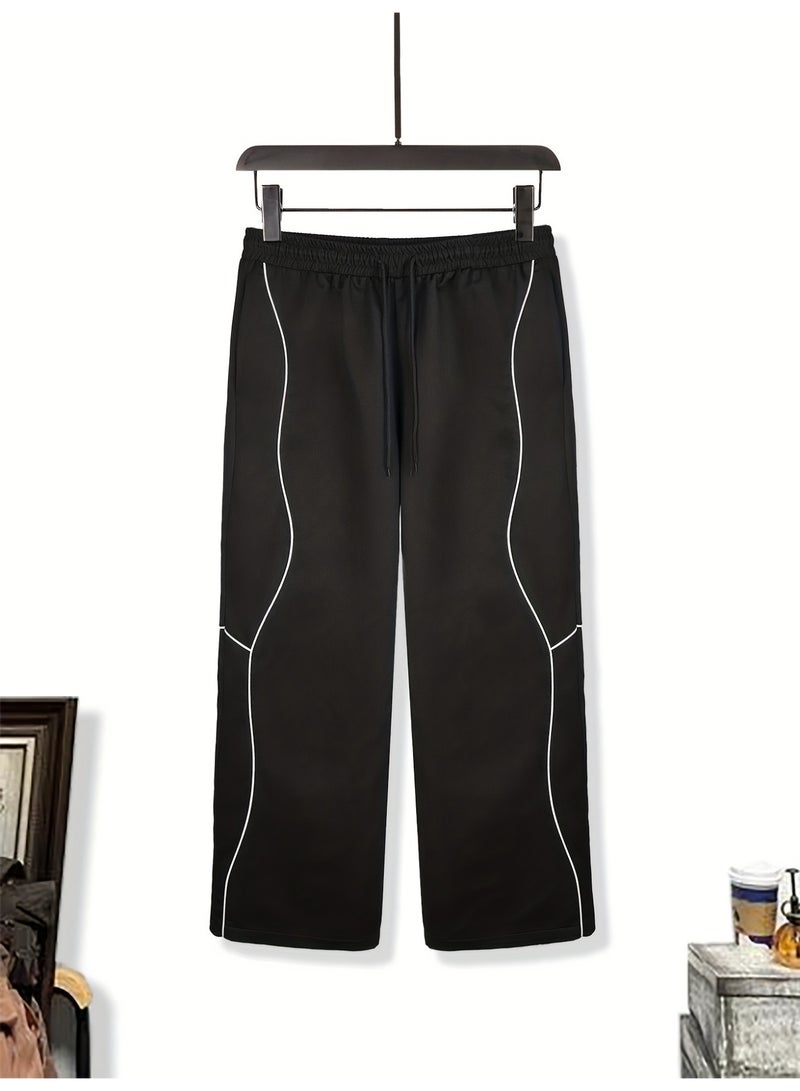 Men's Black Wide - Leg Pants with White Contrast Stitching, Loose Fit, Streetwear Style, Casual Trousers for Daily Wear - Image 4