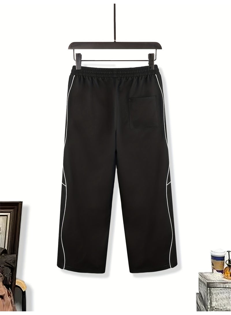 Men's Black Wide - Leg Pants with White Contrast Stitching, Loose Fit, Streetwear Style, Casual Trousers for Daily Wear - Image 5
