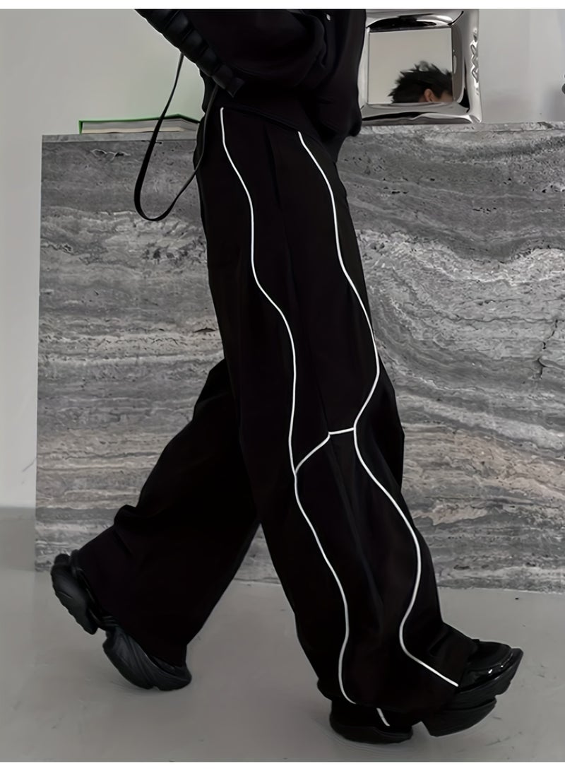 Men's Black Wide - Leg Pants with White Contrast Stitching, Loose Fit, Streetwear Style, Casual Trousers for Daily Wear - Image 3