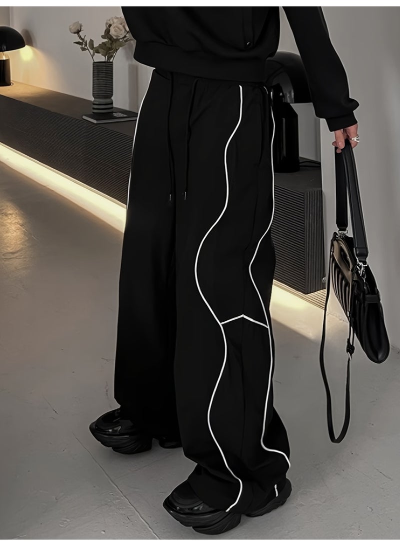Men's Black Wide - Leg Pants with White Contrast Stitching, Loose Fit, Streetwear Style, Casual Trousers for Daily Wear - Image 1
