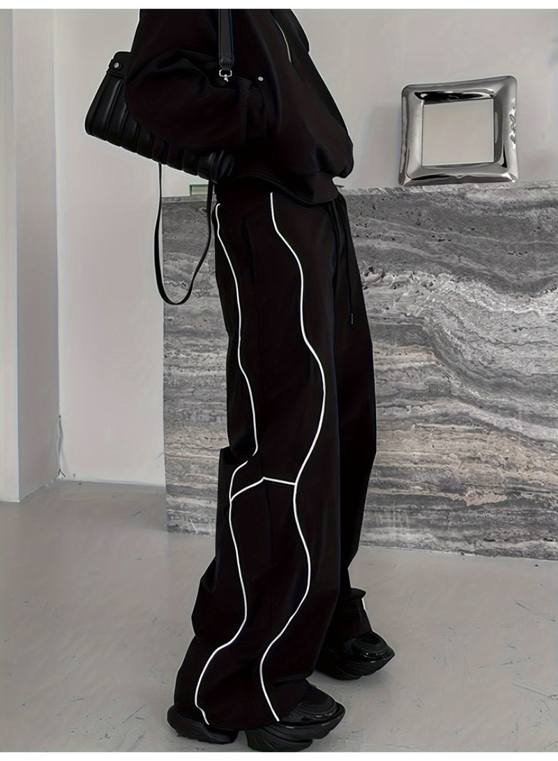 Men's Black Wide - Leg Pants with White Contrast Stitching, Loose Fit, Streetwear Style, Casual Trousers for Daily Wear - Image 2