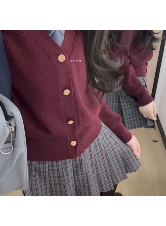 College JK Short Waisted Knitted Cardigan Jacket Japanese Uniform Sweater Feixue Dress Set