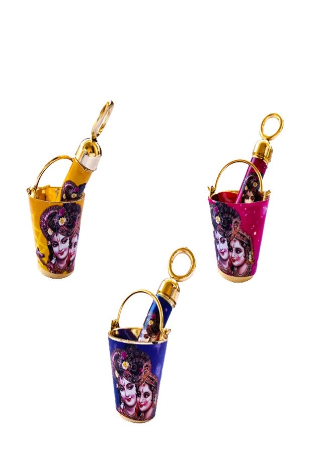 Evisha 3 Pcs Radha Krishna Printed Paper Stick Small Pichkari, Bucket Pichkari, Laddu Gopal Pichkari, Krishna Kanha Pichkari Holi Pichkari, Laddu Gopal Balti Pichkari For Holi Festival, Gold - Image 1