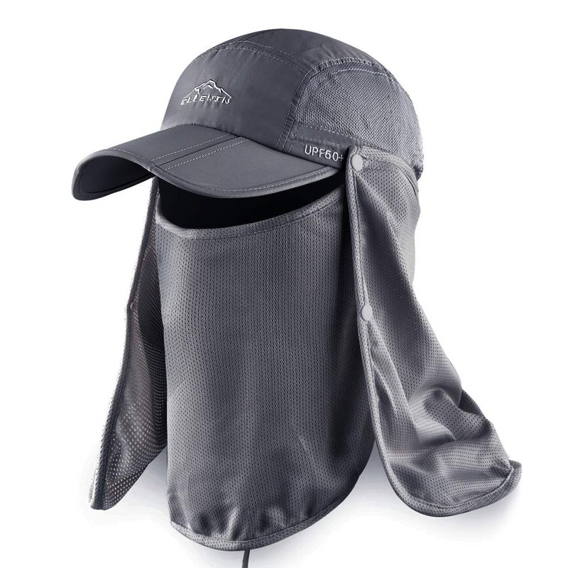 ELLEWIN Outdoor Fishing Flap Hat UPF50 Sun Cap Removable Mesh Face Neck Cover, D-grey/ Mesh Neck Cover, M-L-XL - Image 1