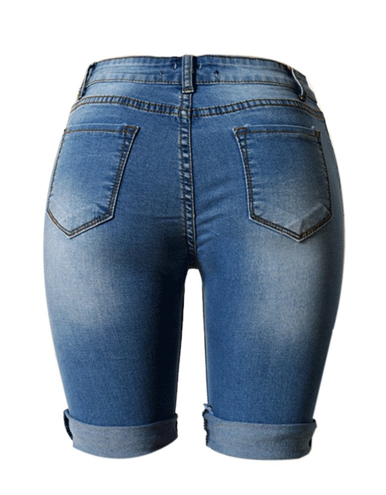 olrain Womens High Waist Ripped Hole Washed Distressed Short Jeans 16 Blue - Image 3