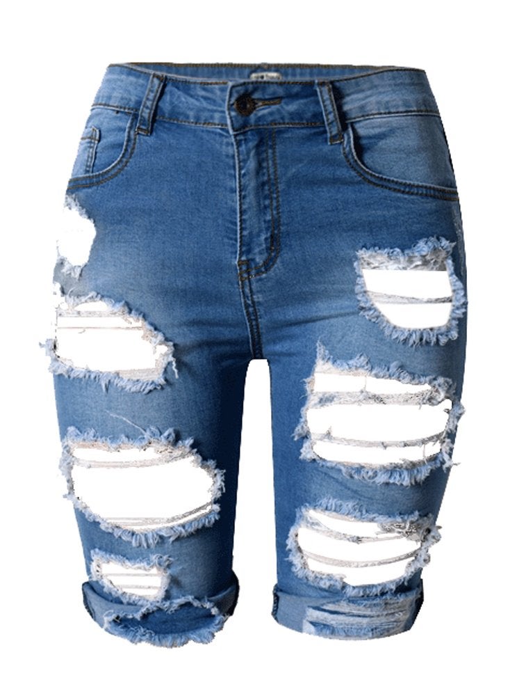 olrain Womens High Waist Ripped Hole Washed Distressed Short Jeans 16 Blue - Image 1