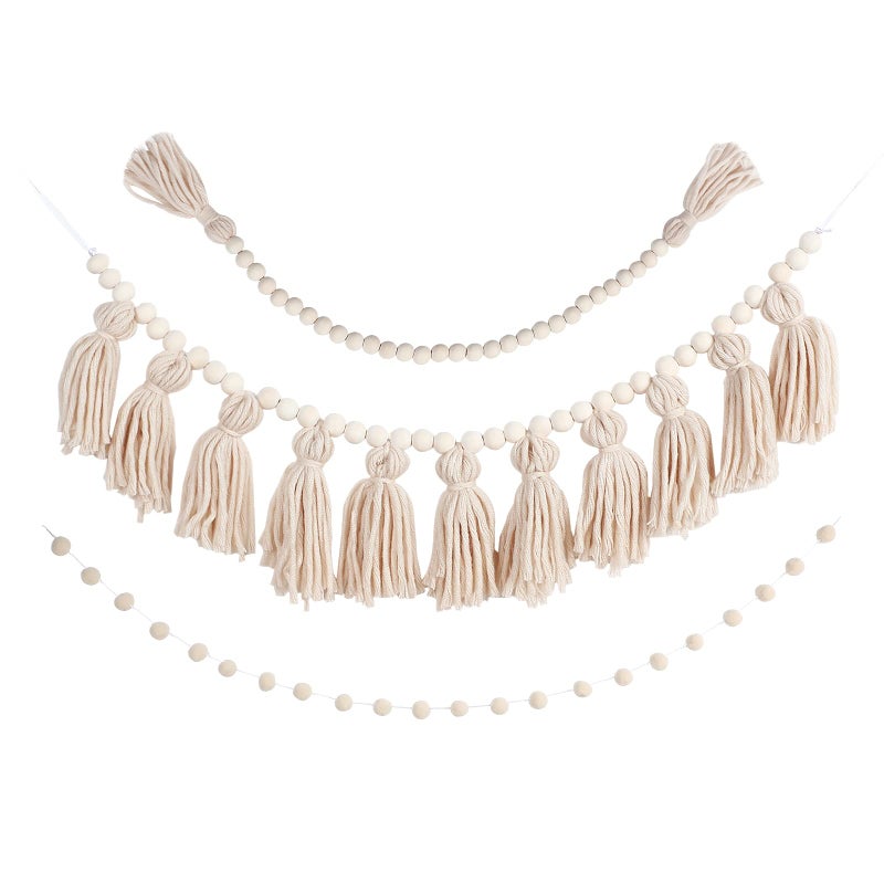 Luinabio 3 Pieces Boho Tassel Garland with Wooden Beads Farmhouse Beads Garland with Tassels Pom Pom Garlands for Boho Home Modern Farmhouse Rustic Home Mantle Decor Classic Color 
