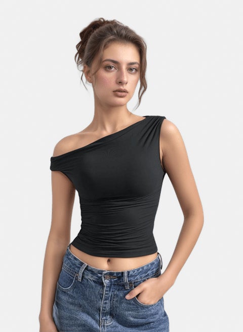 lavex, Women Draped Shoulder Top Black Color