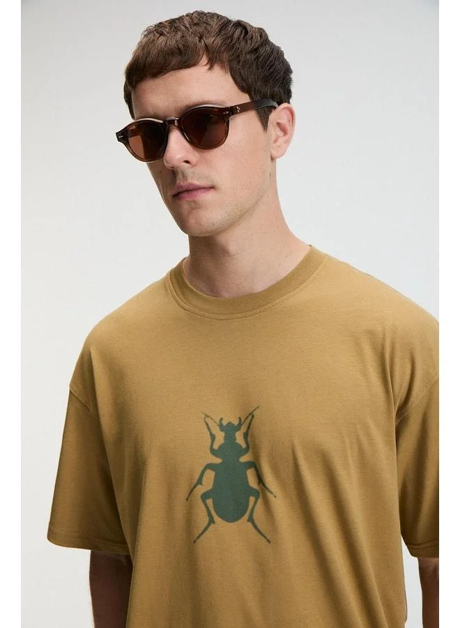 GRIMELANGE BOLD Men's 100% Cotton Oversized Fit Printed Short Sleeve Round Neck Dark Beige T-Shirt.