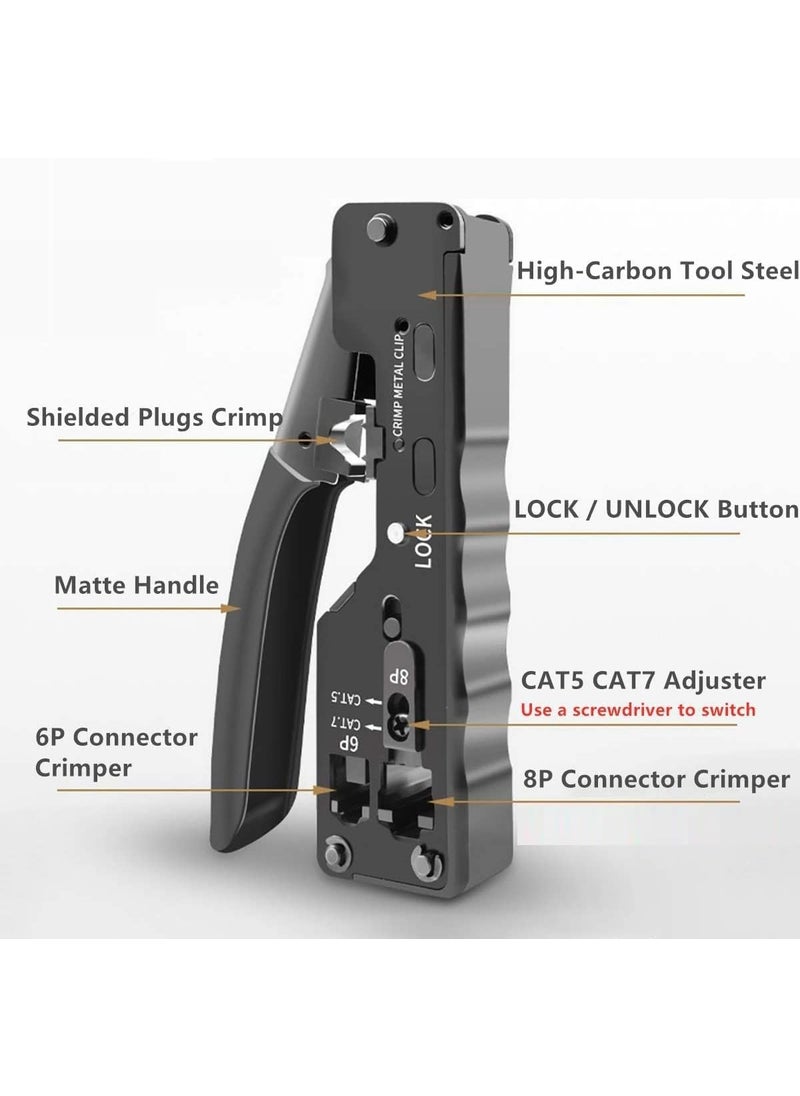 XIKKART Xikkart Crimping Tool Rj45 Wire Cutter Tool Kit For Cat5 Cat5E Cat6 Network Connectors Cat6A Cat7 Shielded Modular Plugs Rj45 Rj12 Rj11 Crimp Tool Strip Cut And Crimp AllInOne Black  - Image 5