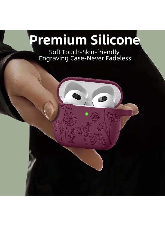Lerobo Case Cover for Airpods 4, Flower Engraved Silicone, Full Protective, Shockproof, Anti-dust, with Cleaner Kit & Keychain, Compatible with Apple Airpods 4 Case for Women, Purplish Red - Image 5