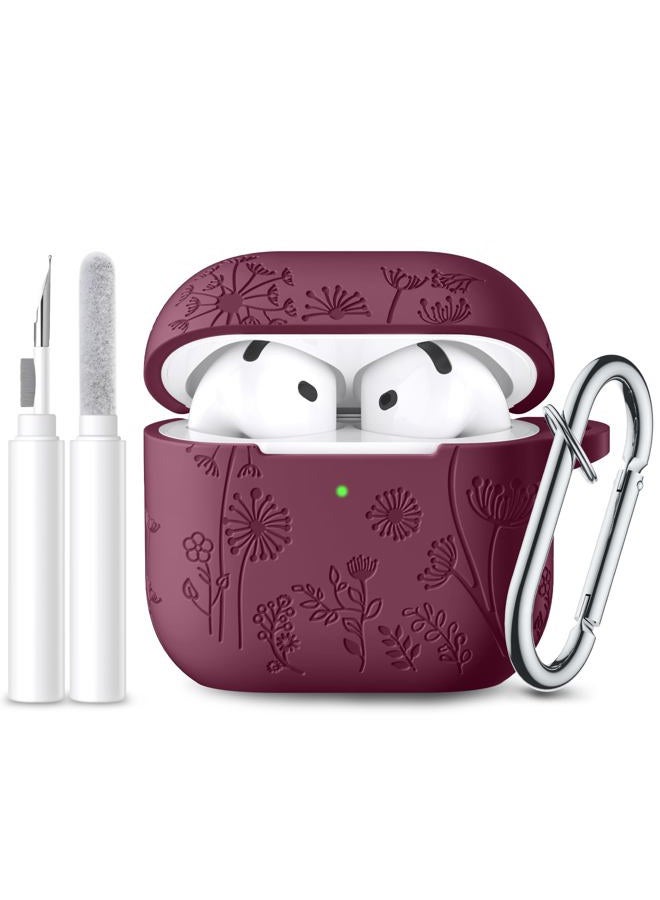 Lerobo Case Cover for Airpods 4, Flower Engraved Silicone, Full Protective, Shockproof, Anti-dust, with Cleaner Kit & Keychain, Compatible with Apple Airpods 4 Case for Women, Purplish Red - Image 1
