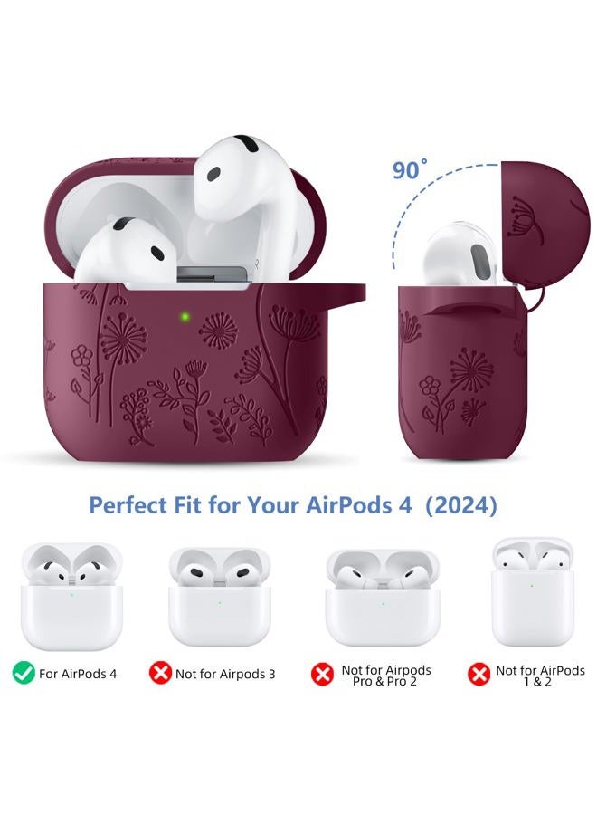 Lerobo Case Cover for Airpods 4, Flower Engraved Silicone, Full Protective, Shockproof, Anti-dust, with Cleaner Kit & Keychain, Compatible with Apple Airpods 4 Case for Women, Purplish Red - Image 4
