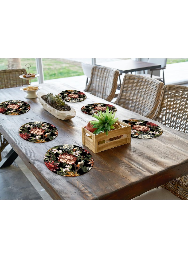 Space Of Joy - Space of Joy Dark Florals Design Premium Printed MDF Wooden Dining Table mats HeatWater Resistant Round Placemats for Dining Kitchen Indoor Outdoor Set of 6 Pieces - Image 1