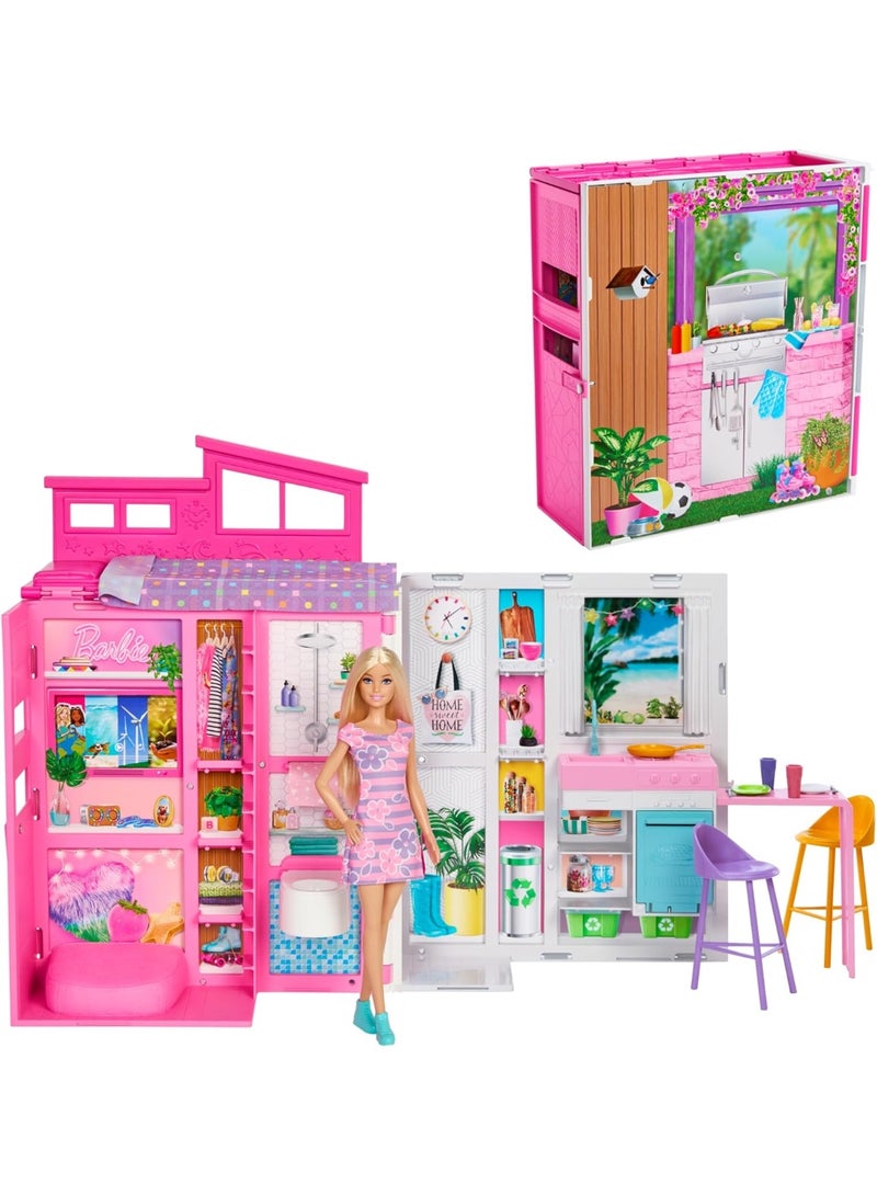 Barbie Doll And House Playset, Getaway House With 4 Play Areas Including Kitchen, Bathroom, Loft Bedroom And Lounge, 11 Decor Accessories - Image 1