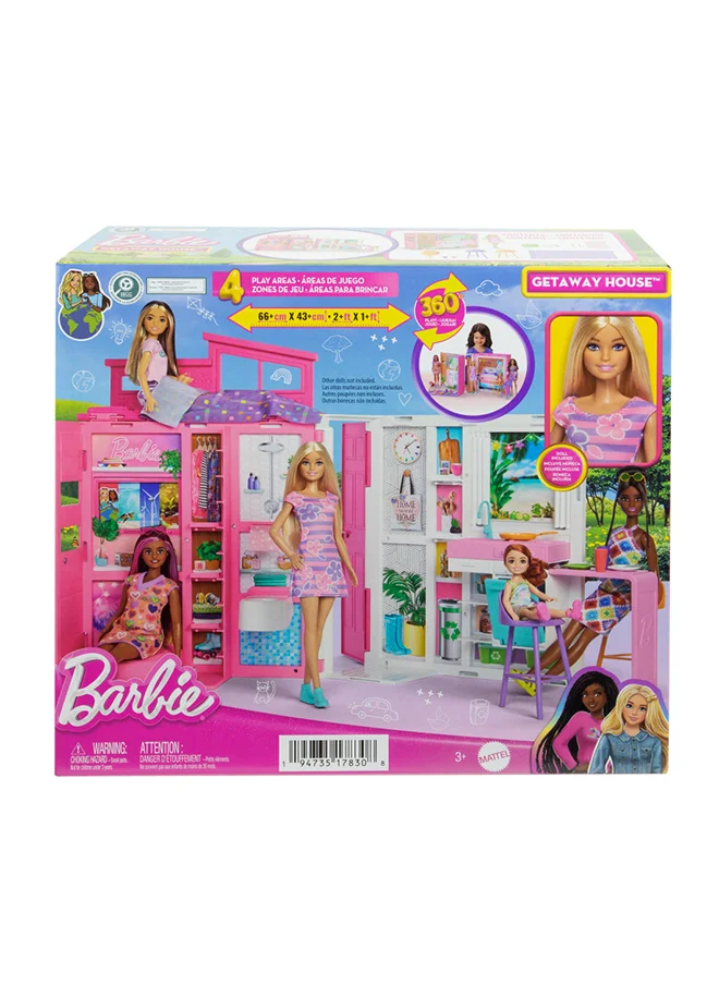 Barbie Doll And House Playset, Getaway House With 4 Play Areas Including Kitchen, Bathroom, Loft Bedroom And Lounge, 11 Decor Accessories