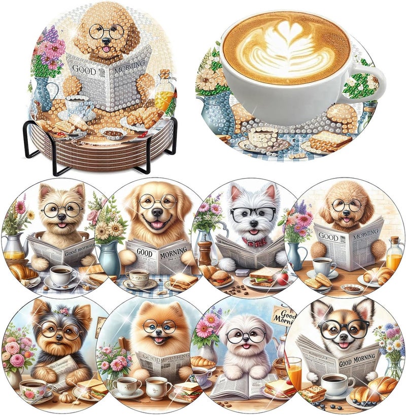 Ekuxom 8 Pcs Diamond Art Coasters Kit for Adults- Dog Diamond Painting Coasters with Holder-DIY Crafts Art Coaster Kit for Home Decor - Image 1